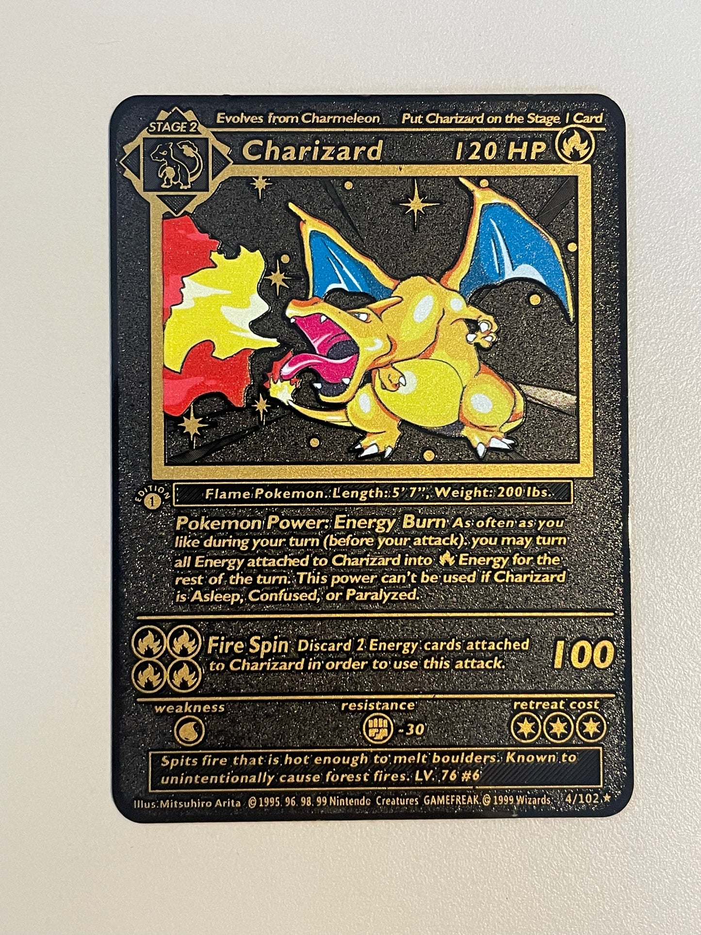 Black Metal Charizard Base Set 4/102 Solid Metal FanArt Card