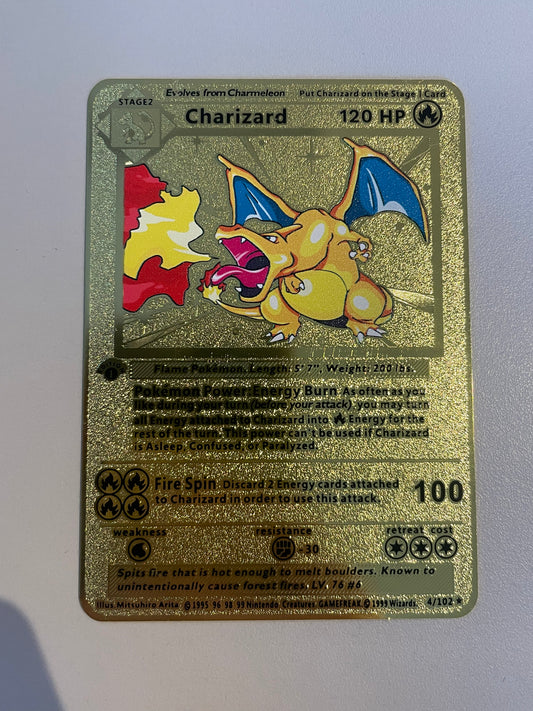 Gold Metal Charizard Base Set 4/102 Solid Gold Coloured Metal FanArt Card
