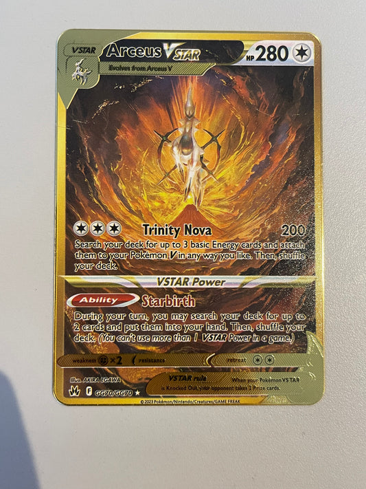 Gold Metal Arceus VSTAR GG70/GG70 Crown Zenith Solid Gold Coloured Metal FanArt Card