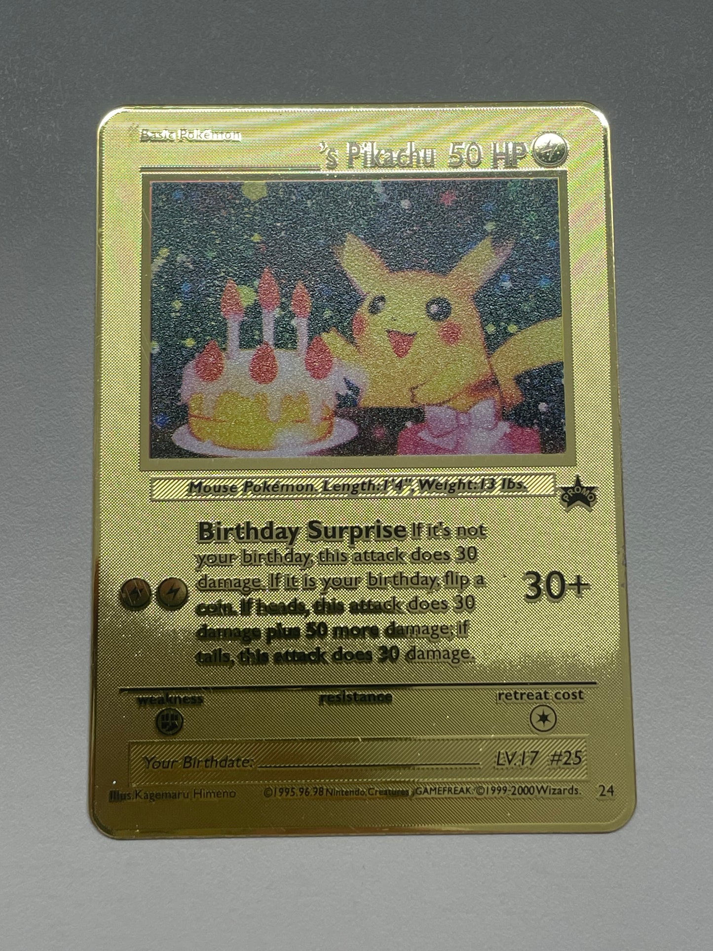 Birthday Pikachu Solid Gold Colored Metal FanArt Card