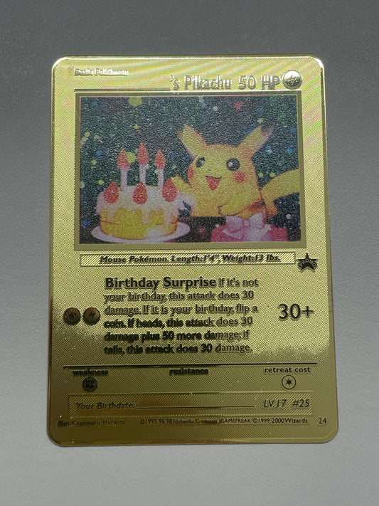 Birthday Pikachu Solid Gold Colored Metal FanArt Card